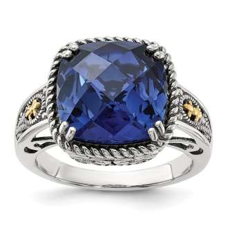 Sterling Silver with 14k Antiqued Lab Created Checker Cushion Sapphire Ring