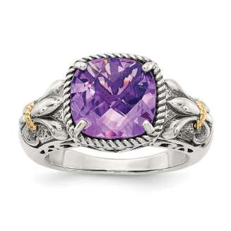 Sterling Silver with 14K Accent Antiqued Cushion Amethyst Ring  SIZE 6 ONLY
