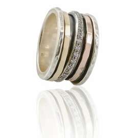 Sterling Silver Spinner Ring with Rose and Yellow Gold With CZ's