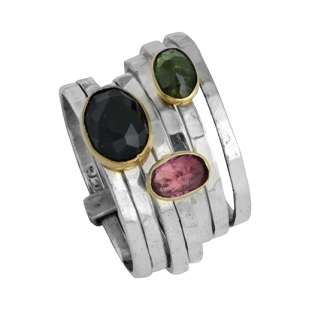 MULTI STERLING SILVER AND 14K GOLD RING WITH GARNET AND GREEN AND PINK TOURMALINE