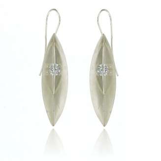 EARRINGS SILVER GOLD PLATED LEAF, CZ UNDER WIRE, WIRE, 2 3/8"