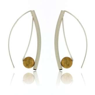 EARRINGS SILVER MATTE FINISH, CURVED BAR WITH GOLD PLATED BALL, WIRE, 2"