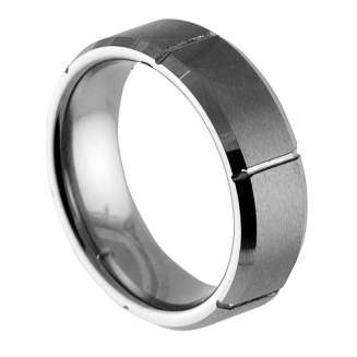 This Tungsten Ring Has Satin Finish Center, Horizontal Grooves, And Polished Beveled Edges.  This Ring Is 7mm Wide. SIZE 8 AND  8.5