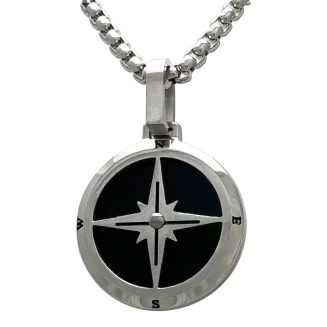 Stainless Steel Carbon Fiber Compass Pendant w/ ROUND BOX 24"Chain