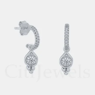 925 Silver CZ Hoop Earrings w/ Dangling Teardrop