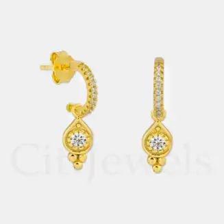 925 Silver And Gold Vermeil CZ Hoop Earrings w/ Dangling Teardrop