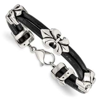Stainless Steel Antiqued and Polished Fleur De Lis Black Leather Bracelet 8.5"