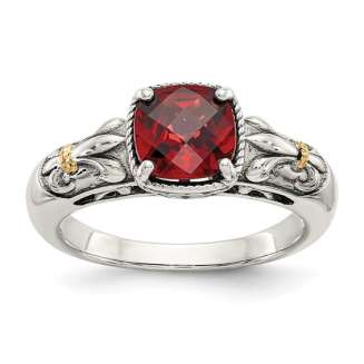 Sterling Silver with 14K Accent Antiqued Cushion Checkerboard Garnet Ring