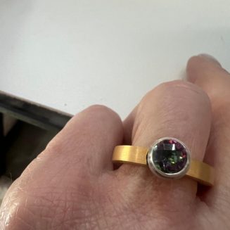 18K Gold Vermeil and Sterling Silver ring with Bezel set Mystic Topaz Size 7