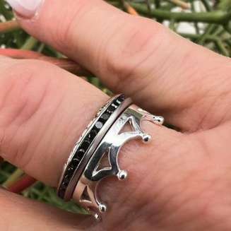 Sterling Silver Crown Ring with Band of black CZ's Size 8