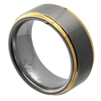 8mm Tungsten with matte finish and gold beveled edges  Size 12