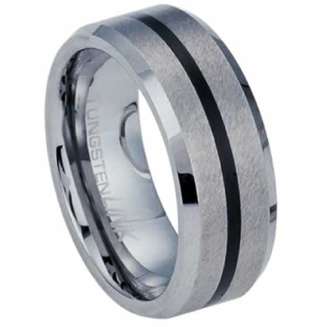 8mm wide Tungsten Band with Matte and High polish and single stripe inlaid in center.
