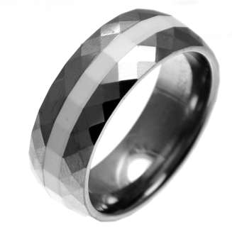 Beautiful Faceted Tungsten Band with White ceramic inlay size 9  8mm in width