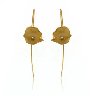 EARRINGS SILVER GOLD VERMEIL PETAL LARGE 3/4", CZ, THREADER WIRE, 2 1/4"