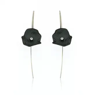 EARRINGS SILVER OXIDIZED PETAL LARGE, CZ, THREADER WIRE, 2 1/4"  You