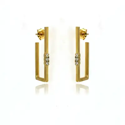 EARRINGS SILVER 24K GOLD PLATED, CZ, RECTANGLE WITH 3 CLEAR CZs 2mm, POST, 1"