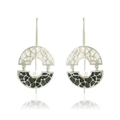 EARRINGS SILVER AND BLACK OXIDATION DOUBLE SEMICIRCLES, WHITE FRESH-WATER PEARL 4mm, LONG THREADER, 2 1/4"