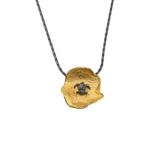 NECKLACE SILVER GOLD VERMEIL LARGE PETAL PENDANT 3/4", OXIDIZED BLACK FLEUR DE LIS, OXIDIZED CHAIN 17.5"