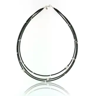 NECKLACE 3 STRANDS MATTE FINISH HEMATITE BEADS, SILVER ELEMENTS, 19"
