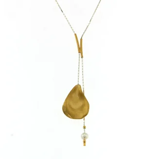 NECKLACE SILVER GOLD VERMEIL 1" OYSTER SHELL PENDANT, WHITE FRESHWATER PEARL DROP, SILVER CHAIN 20"