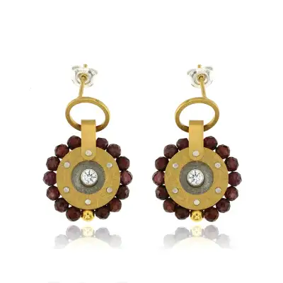 EARRINGS STERLING SILVER GOLD PLATED GOLD CIRCLE W/GARNETS AND CZ, POST, 1 1/8"