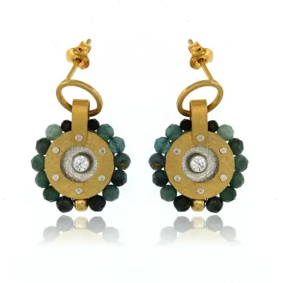 EARRINGS STERLING SILVER 24K GOLD PLATED GOLD CIRCLE W BLUE TOURMALINES AND CZ, POST, 1 1/8"