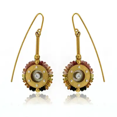 EARRINGS STERLING SILVER GOLD PLATED GOLD CIRCLE W/TOURMALINES AND CZ, THREADER WIRE, 1 3/4"