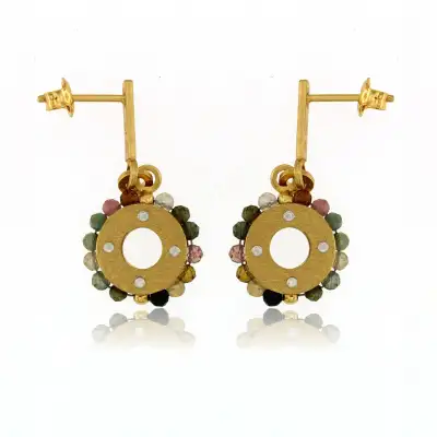 EARRINGS STERLING SILVER 24K GOLD PLATED CIRCLE WITH TOURMALINES, POST, 1 1/8"