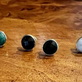 8MM ROUND FACETED STONE POST EARRINGS MOONSTONE, ONYX AND MALACHITE