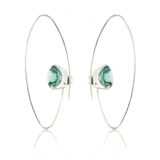EARRINGS "GALACTIC" SILVER THREADER WITH TEE CUP SHAPE SETTING 9mm PARAIBA TOURMALINE COLOR CREATED SPINEL, WIRE, 1 7/8"