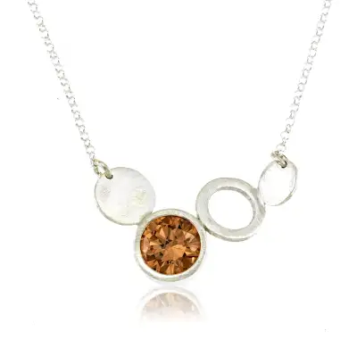 NECKLACE SILVER "CIRCLES" 3 CIRCLES AND BEZEL SET 8mm ROUND CHAMPAGNE CZ PENDANT, SILVER CHAIN, TOTAL 17.5"