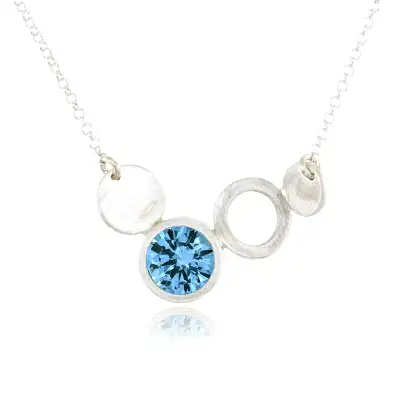 NECKLACE SILVER "CIRCLES" 3 CIRCLES AND BEZEL SET 8mm ROUND SWISS BLUE COLOR CREATED SPINEL, SILVER CHAIN, TOTAL 17.5"