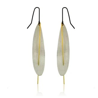 EARRINGS SILVER MATTE LEAF WITH GOLD VERMEIL WIRE, SILVER OXIDIZED BLACK WIRE, TOTAL 3"