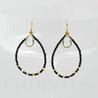 Handmade Natural BLACK SPINEL Stone Beaded Drop and Clear quartz Earrings (58mmX28mm)