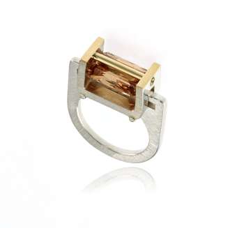 RING SILVER 14K GOLD 12x8mm CHAMPAGNE CZ, MATTE FINISH