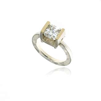 RING SILVER 14K GOLD 7x7mm CLEAR CZ TENSION SET, MOSAIC MATTE FINISH