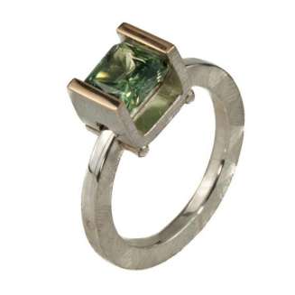 RING SILVER 14K GOLD 7x7mm TOURMALINE GREEN CREATED SPINEL TENSION SET, MOSAIC MATTE FINISH