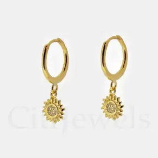 925 Silver Hoop with 14K Yellow Gold Vermeil Earrings w/ CZ Sunflower