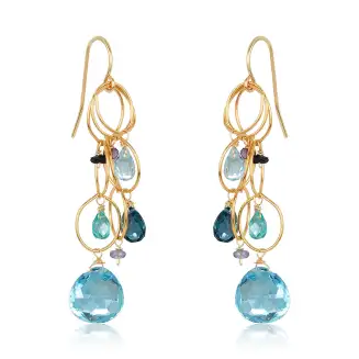Beautiful Blue Topaz drops dangling below gold-filled open circles, smaller London blue topaz & sky blue topaz teardrops with sapphire beads on top.   Length: 2.25” long