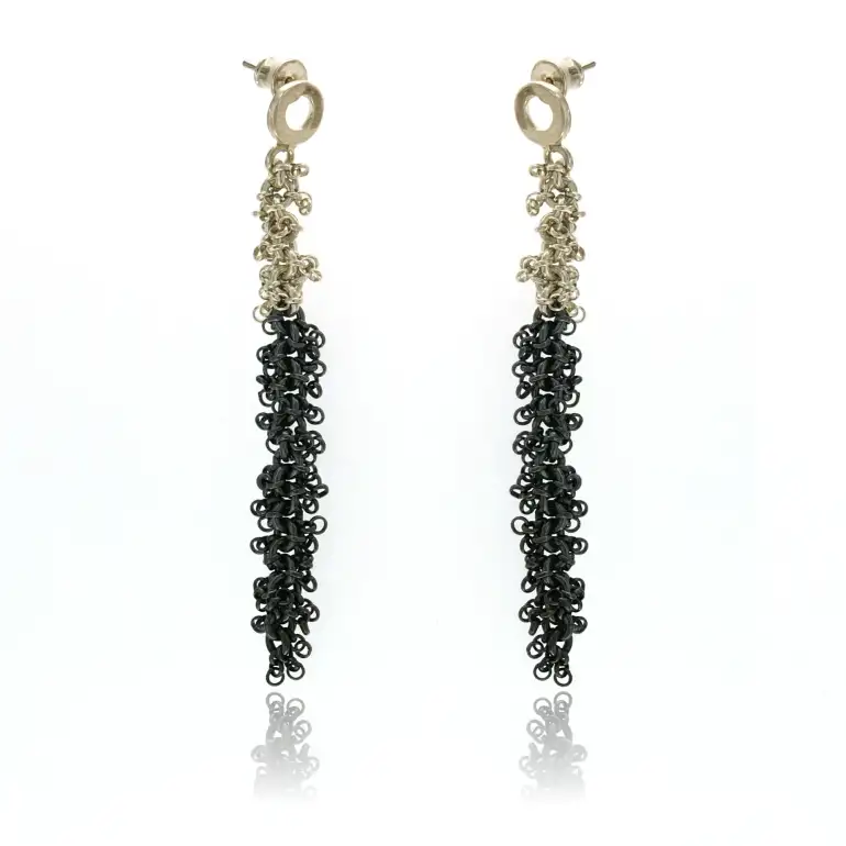 EARRINGS SILVER AND OXIDIZED BLACK CHAINS DROP, 3", POST